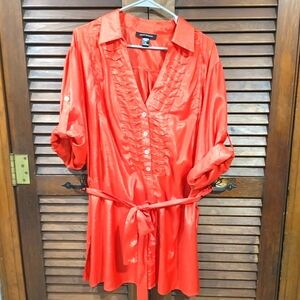 Ashley Stewart Poppy Orange Pleated Belted Metallic Sheen Blouse Size 3X